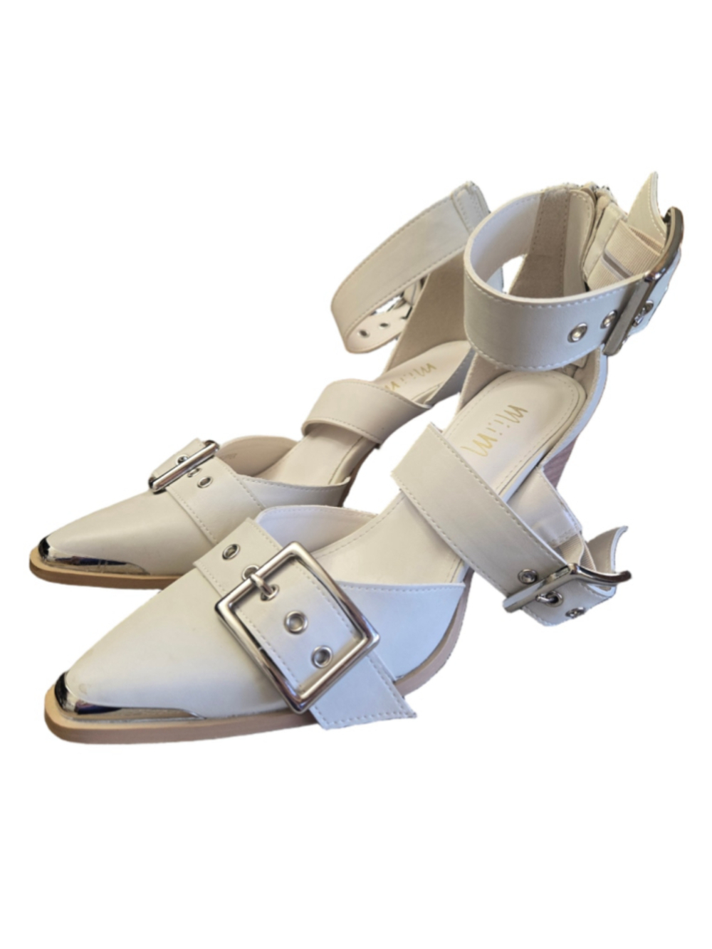 Mi.iM White Silver Buckle Pointed Toe Heels Women's Size 7.5